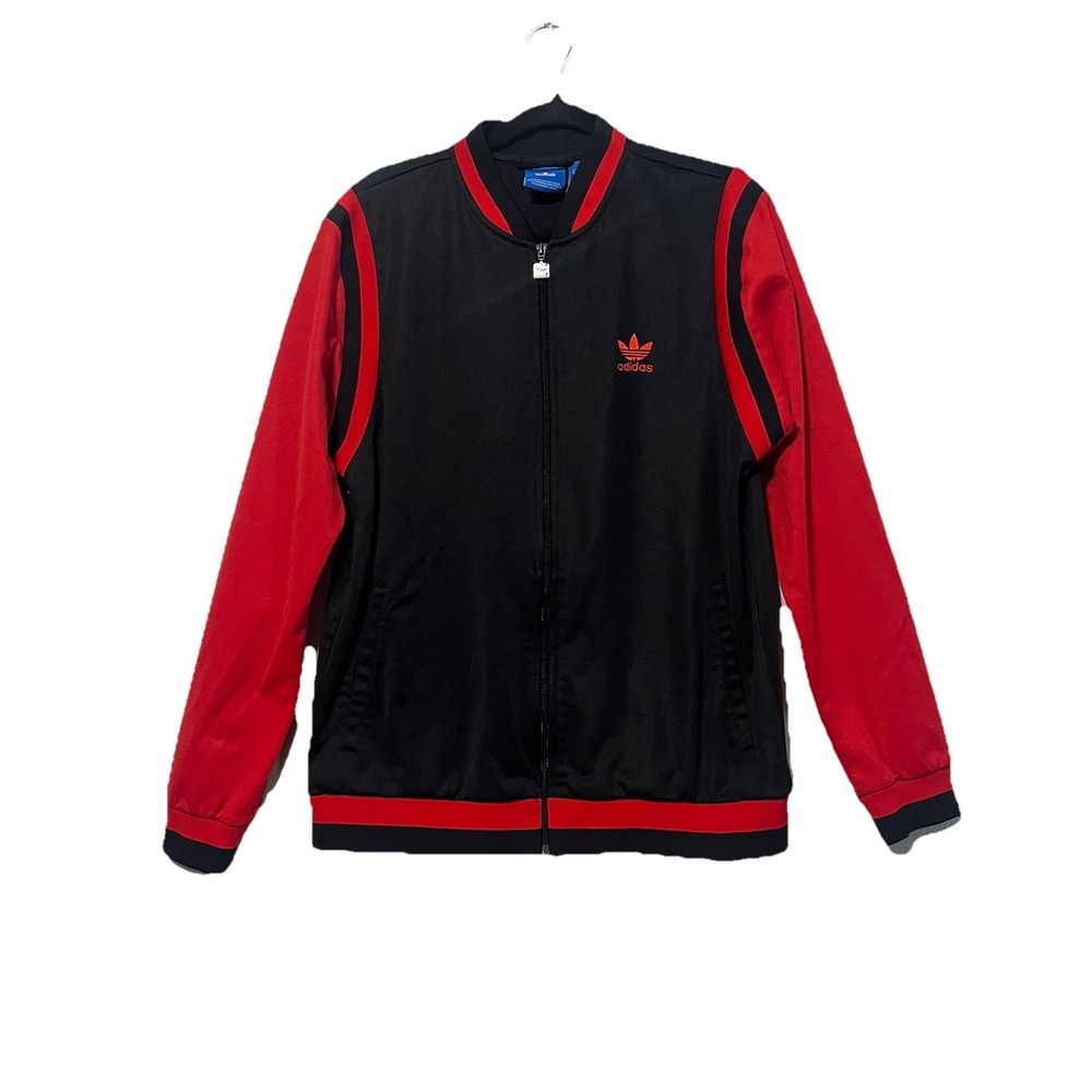 Adidas Track Jacket Mens Black Red Full Zip Trefoil Bomber Large
